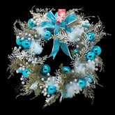Winter Blue Holiday Wreath(45CM) adorned with blue ornaments, white accents, and a snowflake bow.